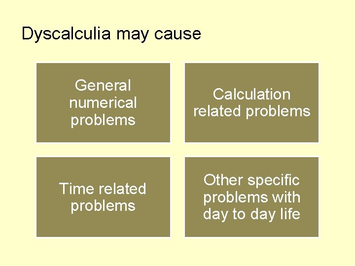 Dyscalculia may cause General numerical problems Calculation related problems Time related problems Other specific