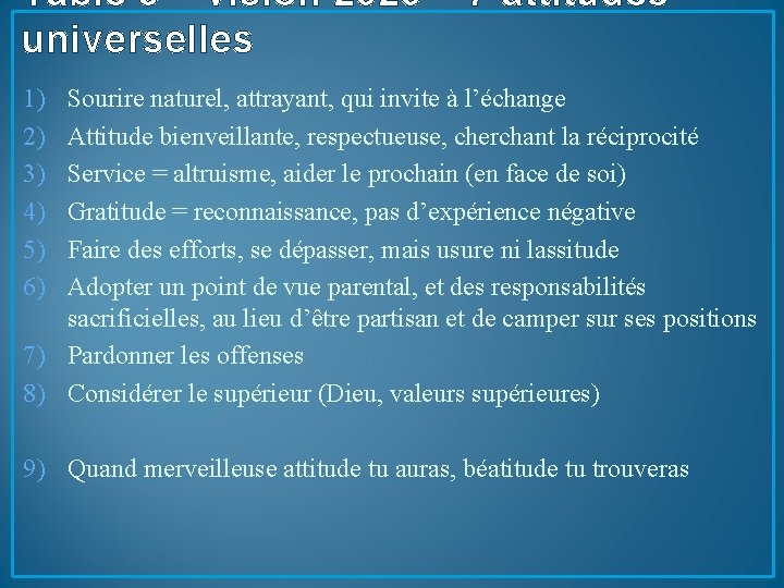 Table 3 – vision 2020 – 7 attitudes universelles 1) 2) 3) 4) 5)