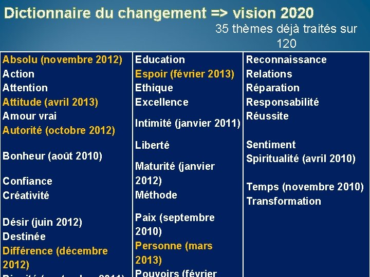 Dictionnaire du changement => vision 2020 35 thèmes déjà traités sur 120 Absolu (novembre