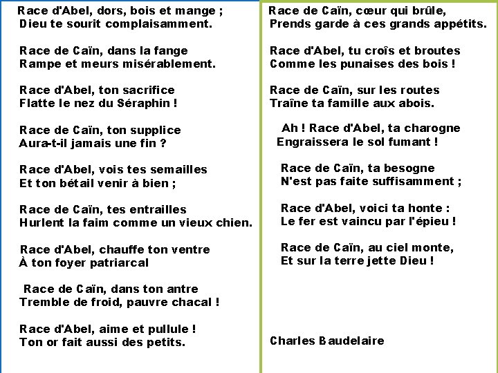 Race d'Abel, dors, bois et mange ; Dieu te sourit complaisamment. Race de Caïn,