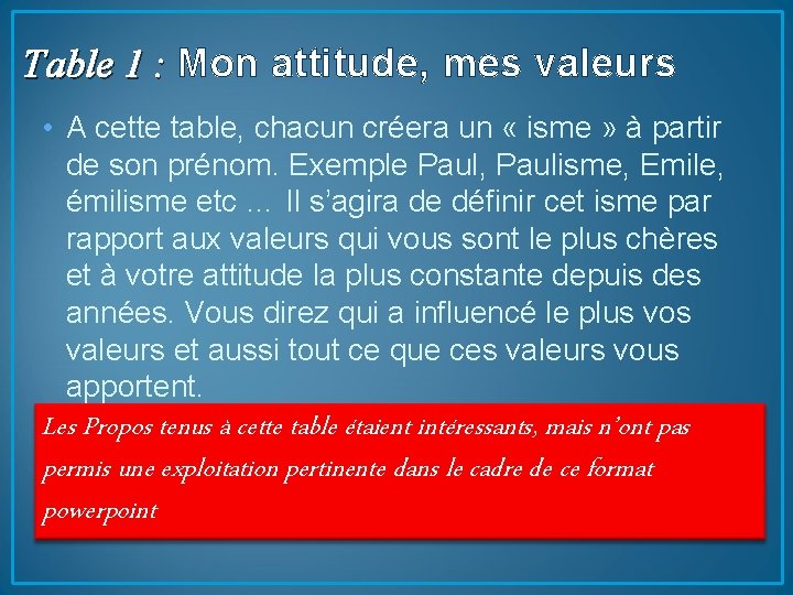 Table 1 : Mon attitude, mes valeurs Table 1 : • A cette table,