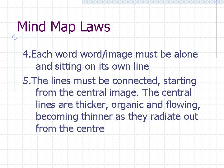 Mind Map Laws 4. Each word/image must be alone and sitting on its own Mind Map Laws 4. Each word/image must be alone and sitting on its own