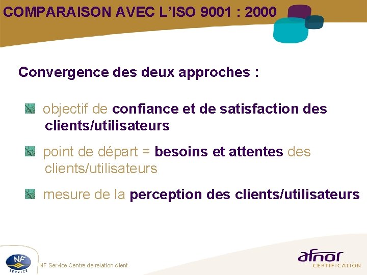 COMPARAISON AVEC L’ISO 9001 : 2000 Convergence des deux approches : objectif de confiance COMPARAISON AVEC L’ISO 9001 : 2000 Convergence des deux approches : objectif de confiance
