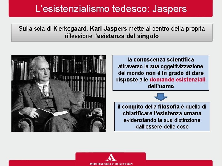 L’esistenzialismo tedesco: Jaspers Sulla scia di Kierkegaard, Karl Jaspers mette al centro della propria