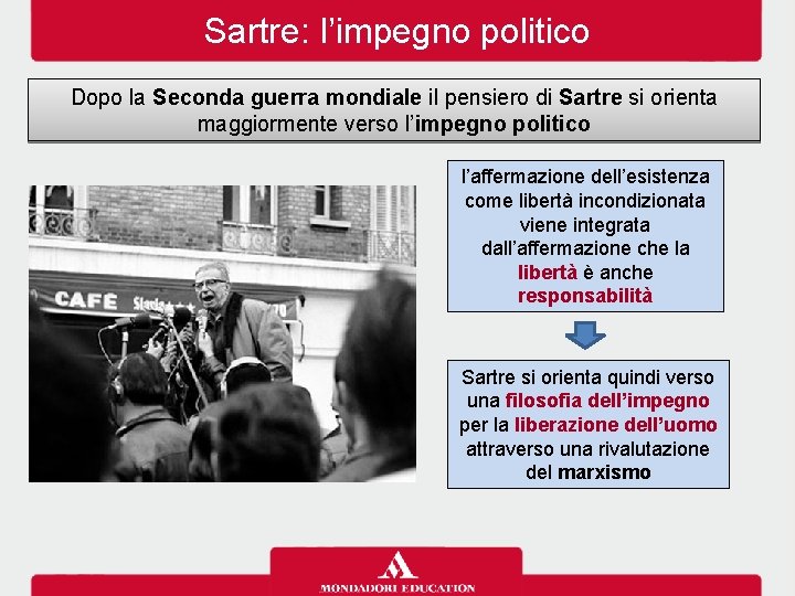 Sartre: l’impegno politico Dopo la Seconda guerra mondiale il pensiero di Sartre si orienta