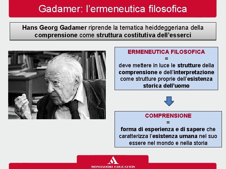 Gadamer: l’ermeneutica filosofica Hans Georg Gadamer riprende la tematica heiddeggeriana della comprensione come struttura