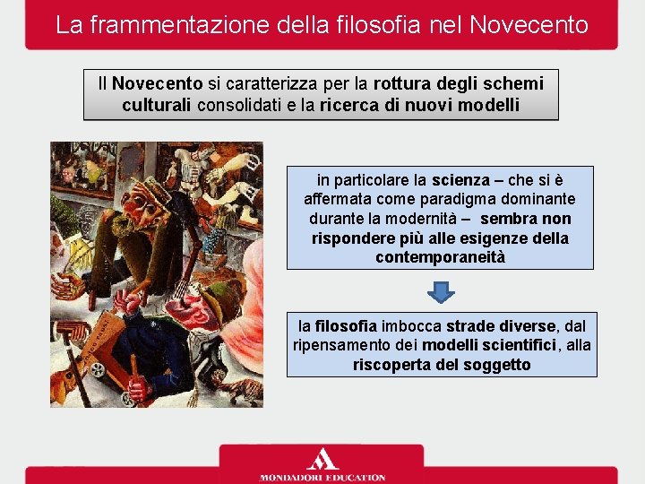 La frammentazione della filosofia nel Novecento Il Novecento si caratterizza per la rottura degli