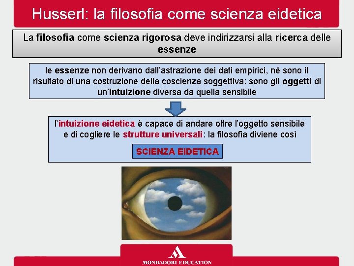 Husserl: la filosofia come scienza eidetica La filosofia come scienza rigorosa deve indirizzarsi alla