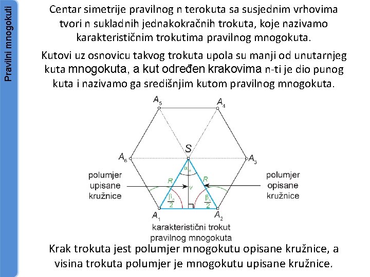 Pravilni mnogokuti Centar simetrije pravilnog n terokuta sa susjednim vrhovima tvori n sukladnih jednakokračnih