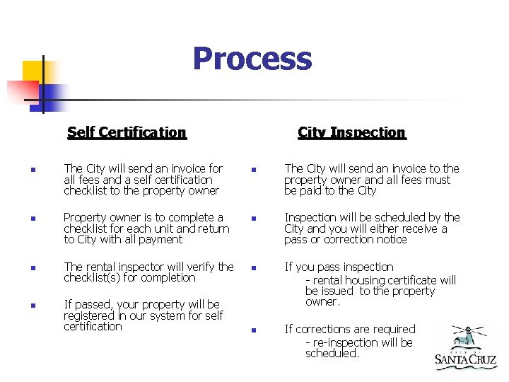 Process Self Certification n n The City will send an invoice for all fees