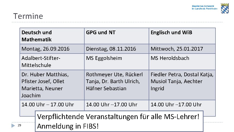 Termine 29 Deutsch und Mathematik GPG und NT Englisch und Wi. B Montag, 26.