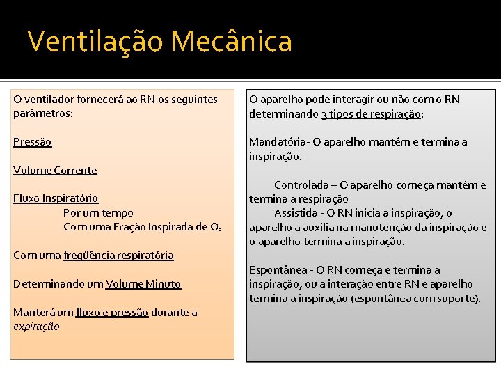 Ventilação Mecânica O ventilador fornecerá ao RN os seguintes parâmetros: O aparelho pode interagir