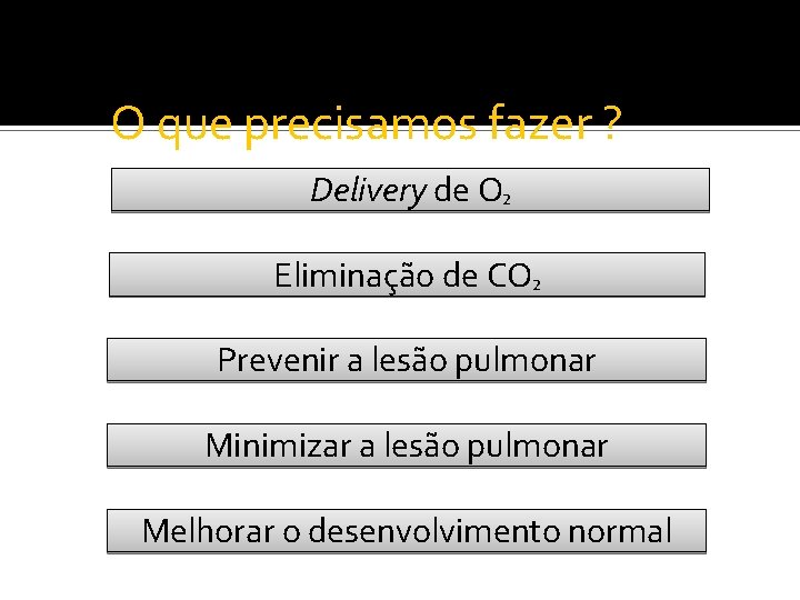 O que precisamos fazer ? Delivery de O² Eliminação de CO² Prevenir a lesão