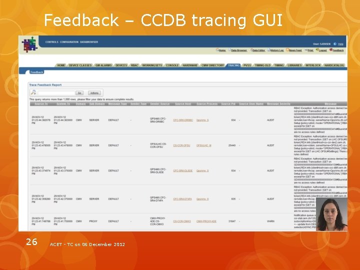 Feedback – CCDB tracing GUI 26 ACET - TC on 06 December 2012 