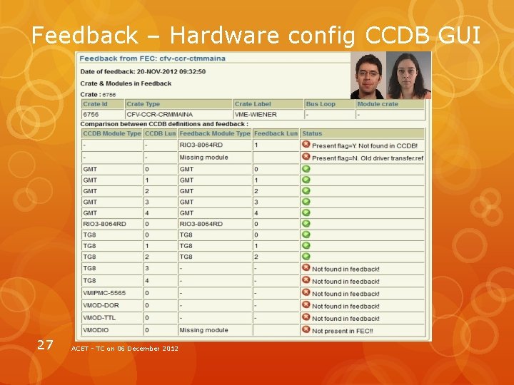 Feedback – Hardware config CCDB GUI 27 ACET - TC on 06 December 2012