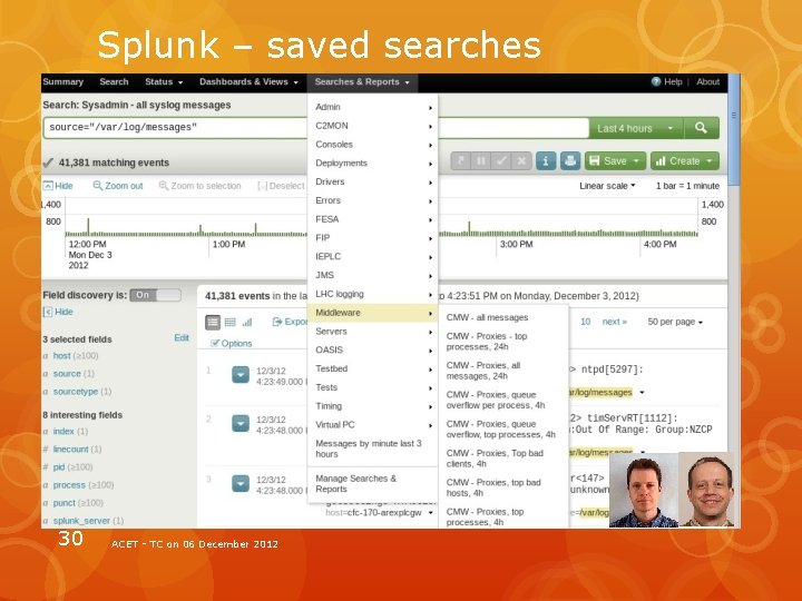 Splunk – saved searches 30 ACET - TC on 06 December 2012 
