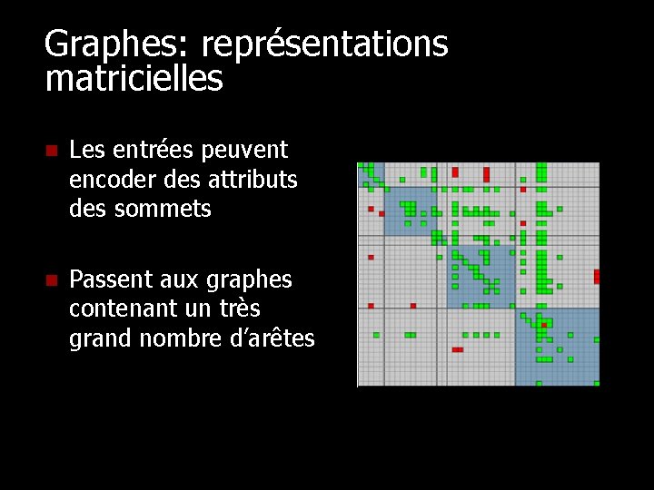 Graphes: représentations matricielles n Les entrées peuvent encoder des attributs des sommets n Passent