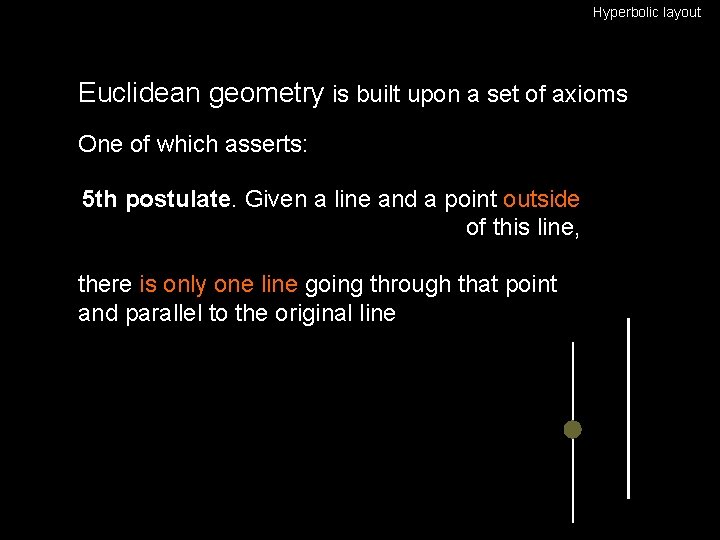 Hyperbolic layout Euclidean geometry is built upon a set of axioms One of which
