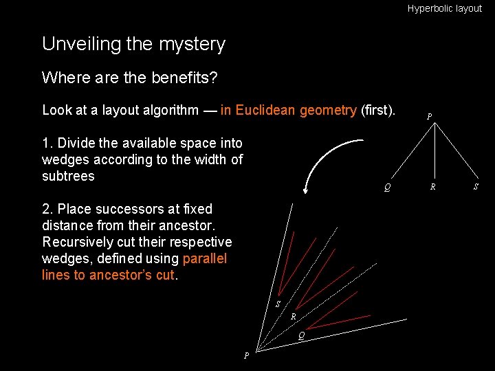 Hyperbolic layout Unveiling the mystery Where are the benefits? Look at a layout algorithm