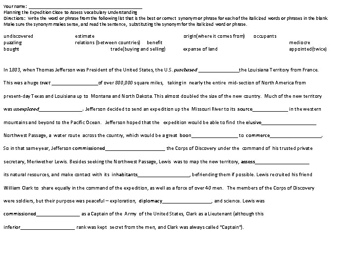 Your name: _______________________ Planning the Expedition Cloze to Assess Vocabulary Understanding Directions: Write the