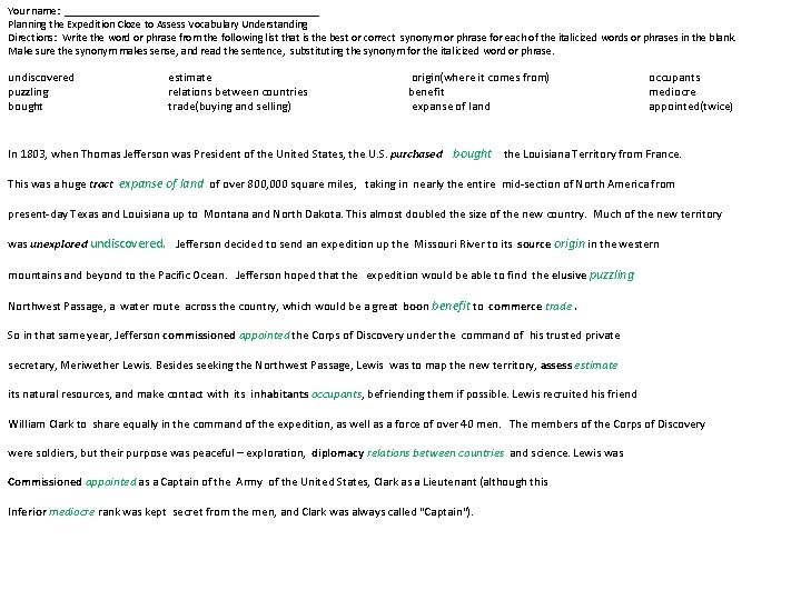 Your name: _______________________ Planning the Expedition Cloze to Assess Vocabulary Understanding Directions: Write the