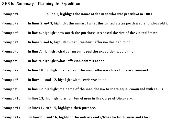 GHR for Summary – Planning the Expedition Prompt #1 In line 1, highlight the