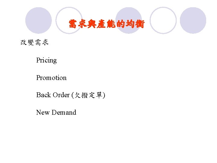 需求與產能的均衡 改變需求 Pricing Promotion Back Order (欠撥定單) New Demand 