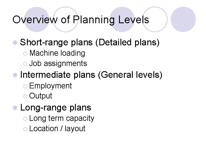 Overview of Planning Levels l Short-range plans ¡ Machine loading ¡ Job assignments l