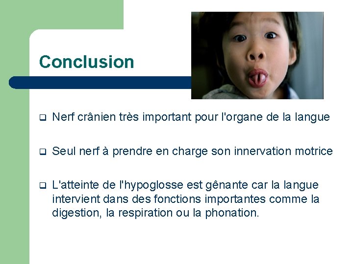 Conclusion q Nerf crânien très important pour l'organe de la langue q Seul nerf