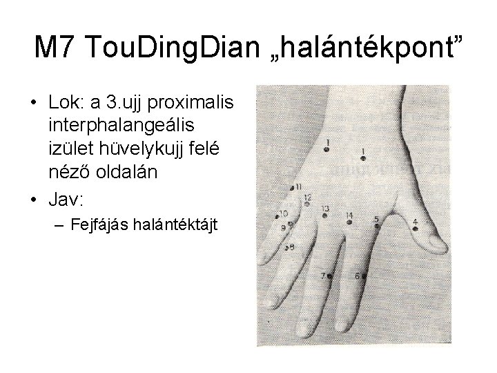 M 7 Tou. Ding. Dian „halántékpont” • Lok: a 3. ujj proximalis interphalangeális izület