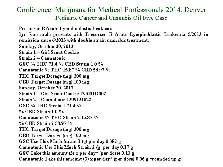 Conference: Marijuana for Medical Professionals 2014, Denver Pediatric Cancer and Cannabis Oil Five Case