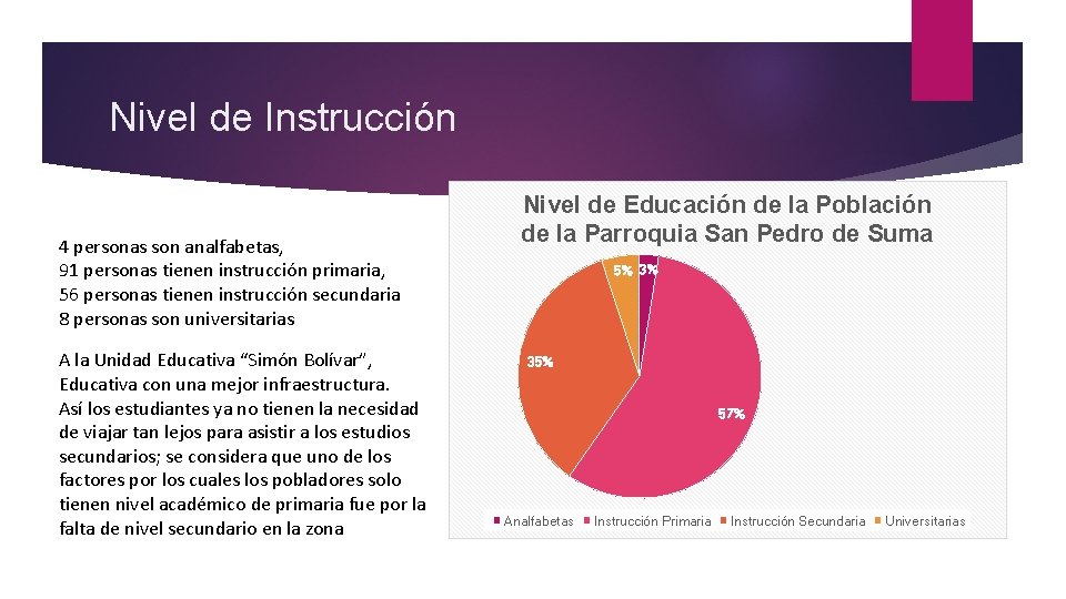 Nivel de Instrucción 4 personas son analfabetas, 91 personas tienen instrucción primaria, 56 personas