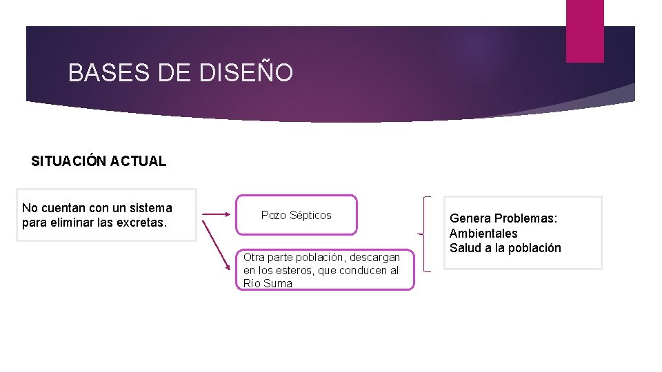 BASES DE DISEÑO SITUACIÓN ACTUAL No cuentan con un sistema para eliminar las excretas.
