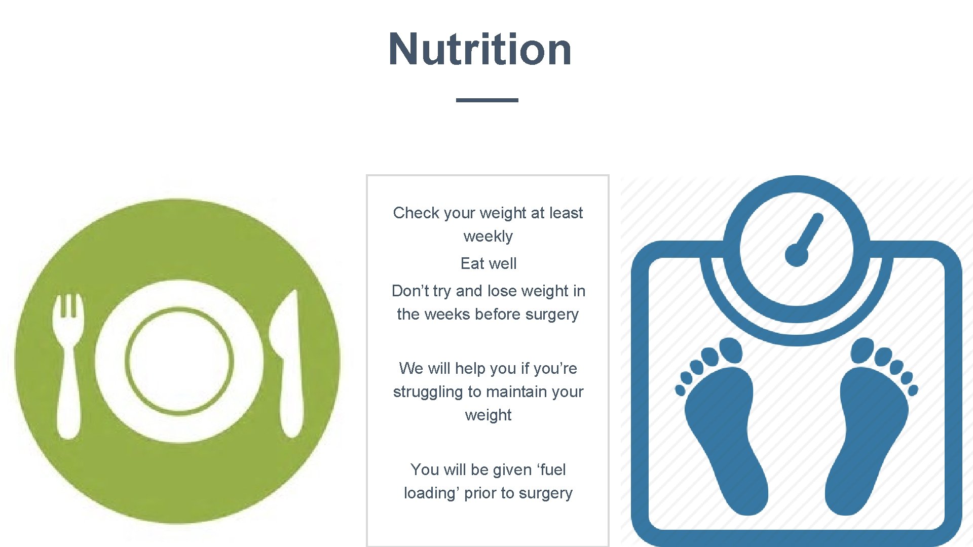 Nutrition Check your weight at least weekly Eat well Don’t try and lose weight