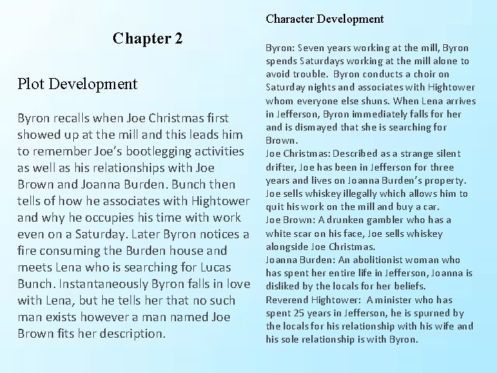 Character Development Chapter 2 Plot Development Byron recalls when Joe Christmas first showed up Character Development Chapter 2 Plot Development Byron recalls when Joe Christmas first showed up