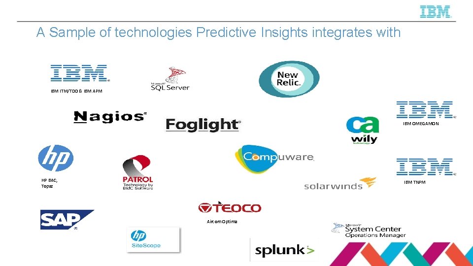 A Sample of technologies Predictive Insights integrates with IBM ITM/TDD & IBM APM IBM