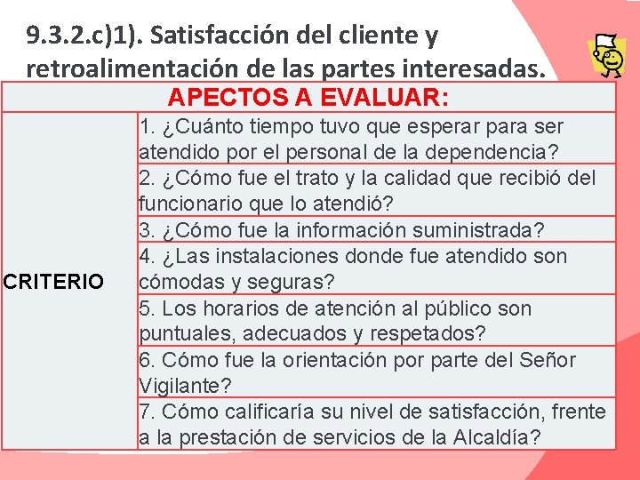 9. 3. 2. c)1). Satisfacción del cliente y retroalimentación de las partes interesadas. APECTOS