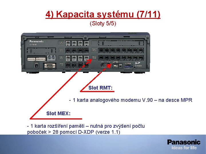 4) Kapacita systému (7/11) (Sloty 5/5) Slot RMT: - 1 karta analogového modemu V.