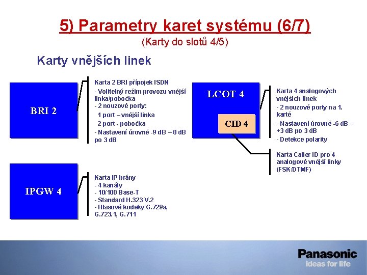 5) Parametry karet systému (6/7) (Karty do slotů 4/5) Karty vnějších linek BRI 2