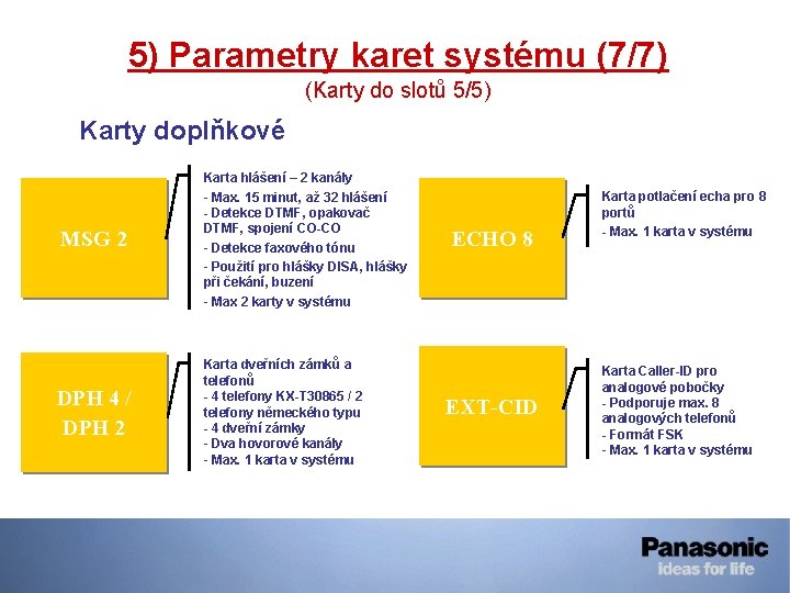 5) Parametry karet systému (7/7) (Karty do slotů 5/5) Karty doplňkové MSG 2 DPH