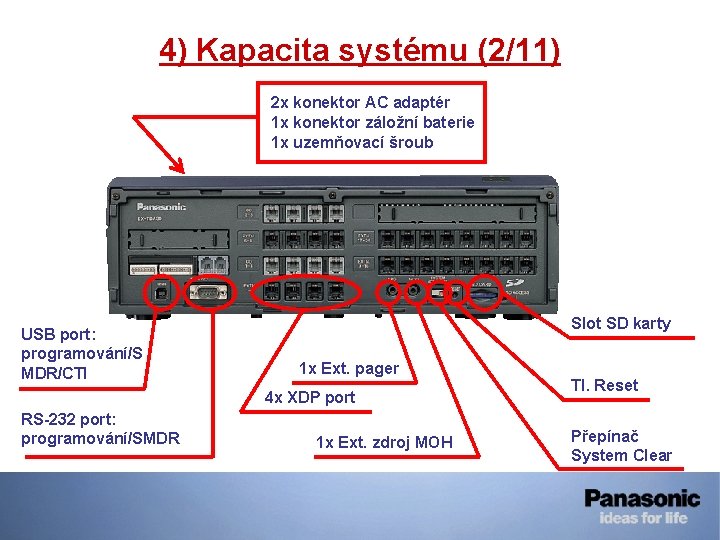 4) Kapacita systému (2/11) 2 x konektor AC adaptér 1 x konektor záložní baterie