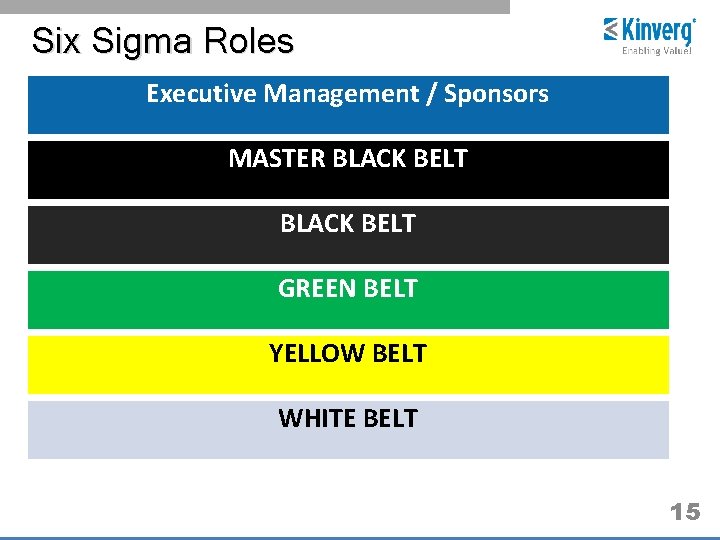 Six Sigma Roles Executive Management / Sponsors MASTER BLACK BELT GREEN BELT YELLOW BELT