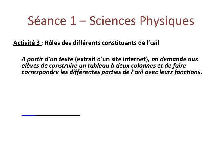 Séance 1 – Sciences Physiques Activité 3 : Rôles différents constituants de l’œil A