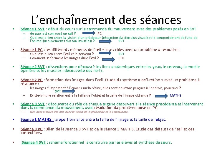 L’enchaînement des séances • Séance 1 SVT : début du cours sur la commande