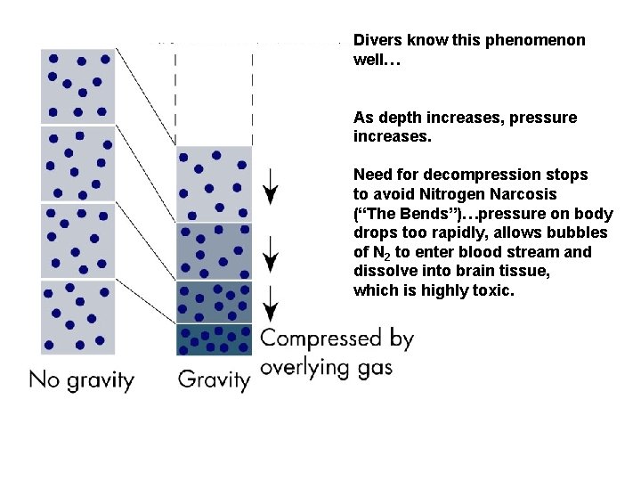 Divers know this phenomenon well… As depth increases, pressure increases. Need for decompression stops