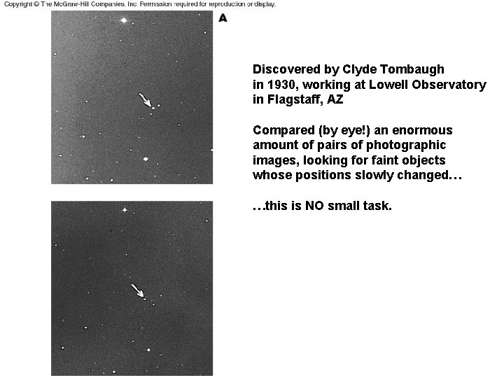 Discovered by Clyde Tombaugh in 1930, working at Lowell Observatory in Flagstaff, AZ Compared