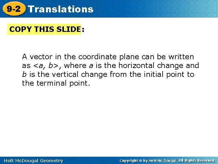 9 -2 Translations COPY THIS SLIDE: A vector in the coordinate plane can be
