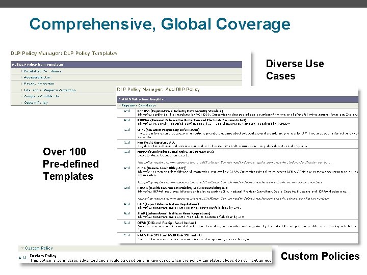 Comprehensive, Global Coverage Diverse Use Cases Over 100 Pre-defined Templates Custom Policies 