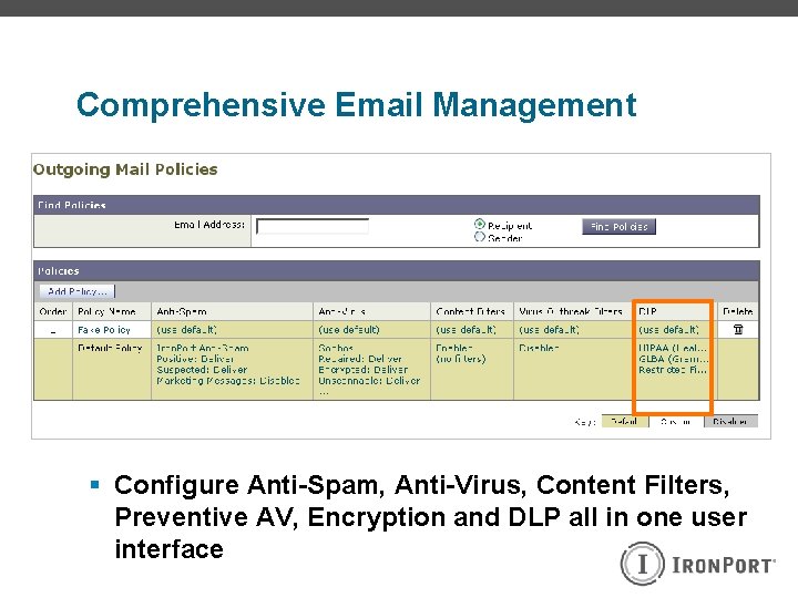 Comprehensive Email Management § Configure Anti-Spam, Anti-Virus, Content Filters, Preventive AV, Encryption and DLP