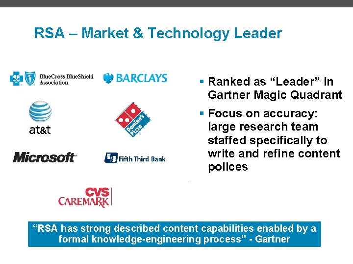 RSA – Market & Technology Leader § Ranked as “Leader” in Gartner Magic Quadrant